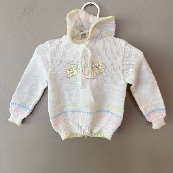 Vintage Quiltex Baby Block Embroidered Sweatshirt White Hooded Zip Back Newborn - Picture 1 of 11